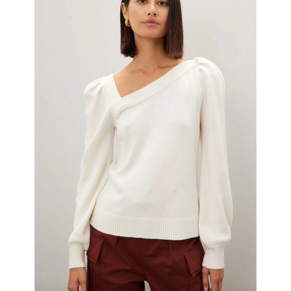 Marissa Webb Sweater Womens X Small White Asymmetric Knit Puff Sleeve Wool Blend - Picture 3 of 11